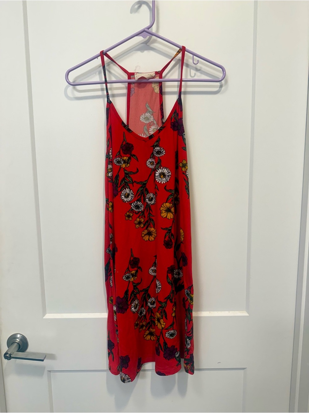 French Grey Red Floral Slip Dress with Spaghetti Straps
